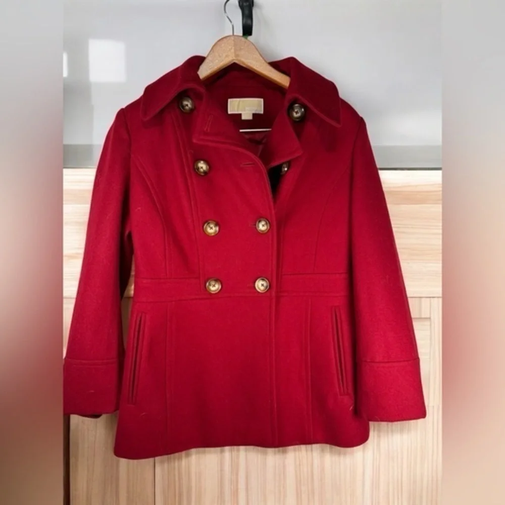 Michael Kors Red Wool Blend coat Peacoat Jacket Small womens coat gold buttons